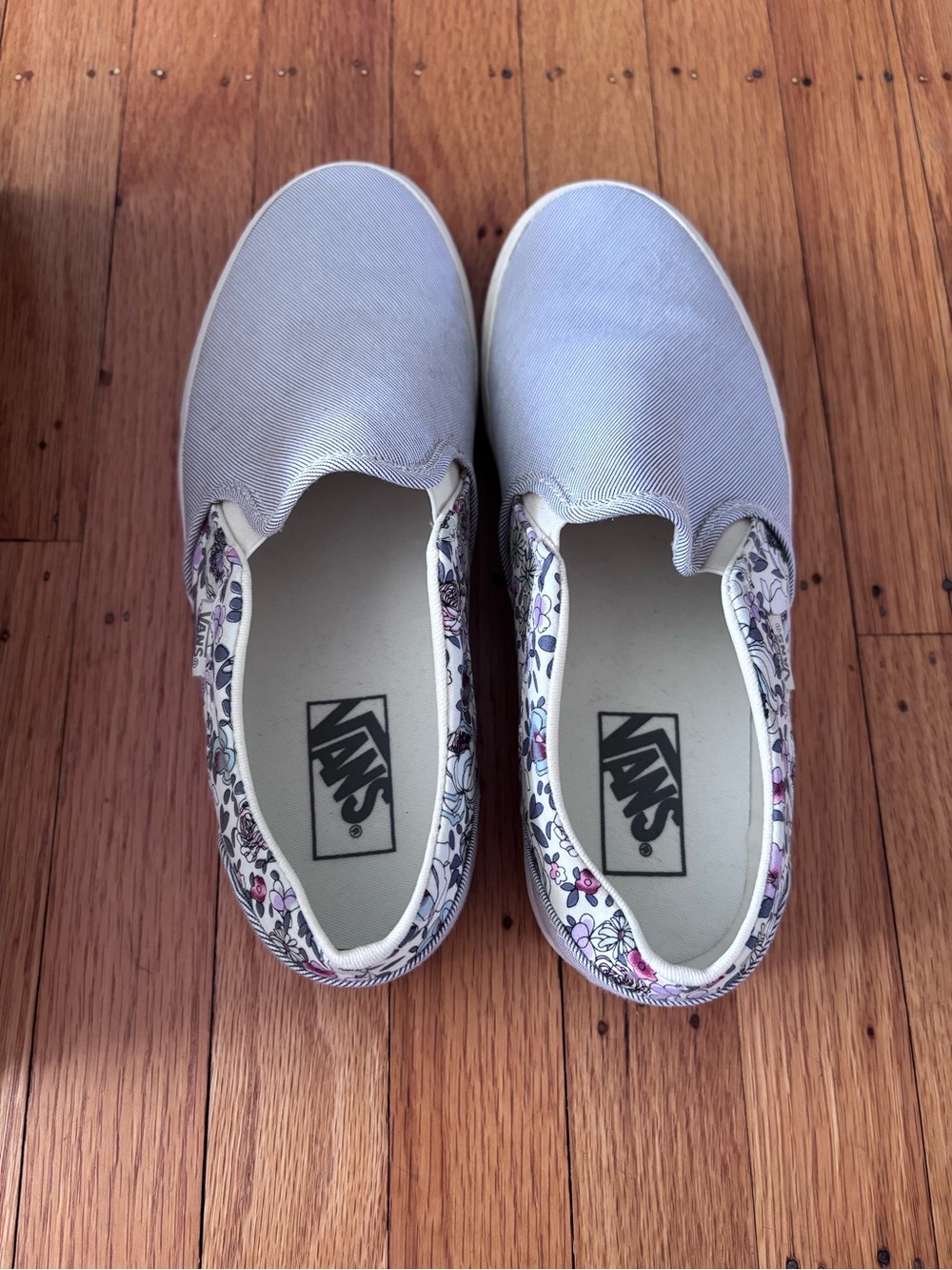 Vans Slip-On Sneakers in Light Denim Stripe with Floral Trim - Picture 3 of 4